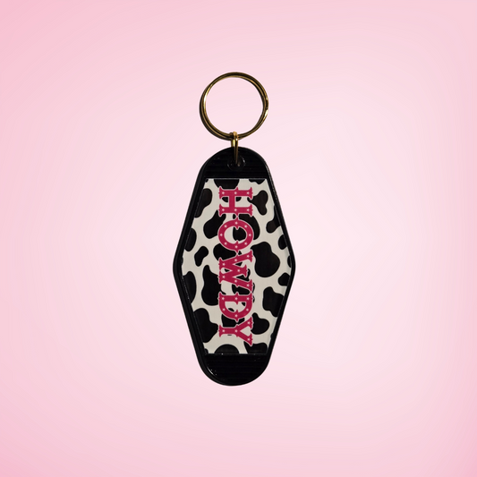 Cow Print Howdy Motel Keychain