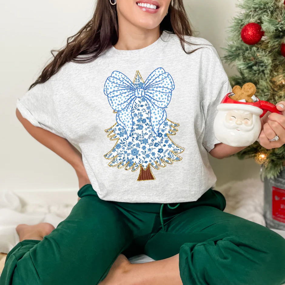 Blue Floral Pattern Christmas Tree Bow